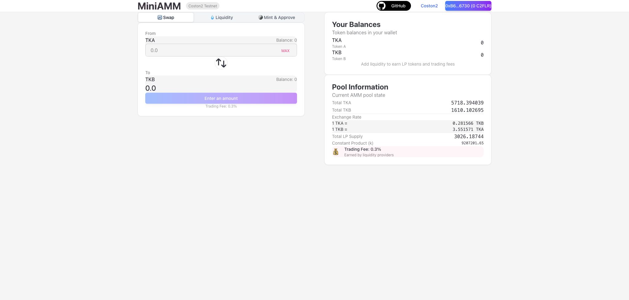 miniAMM live demo UI